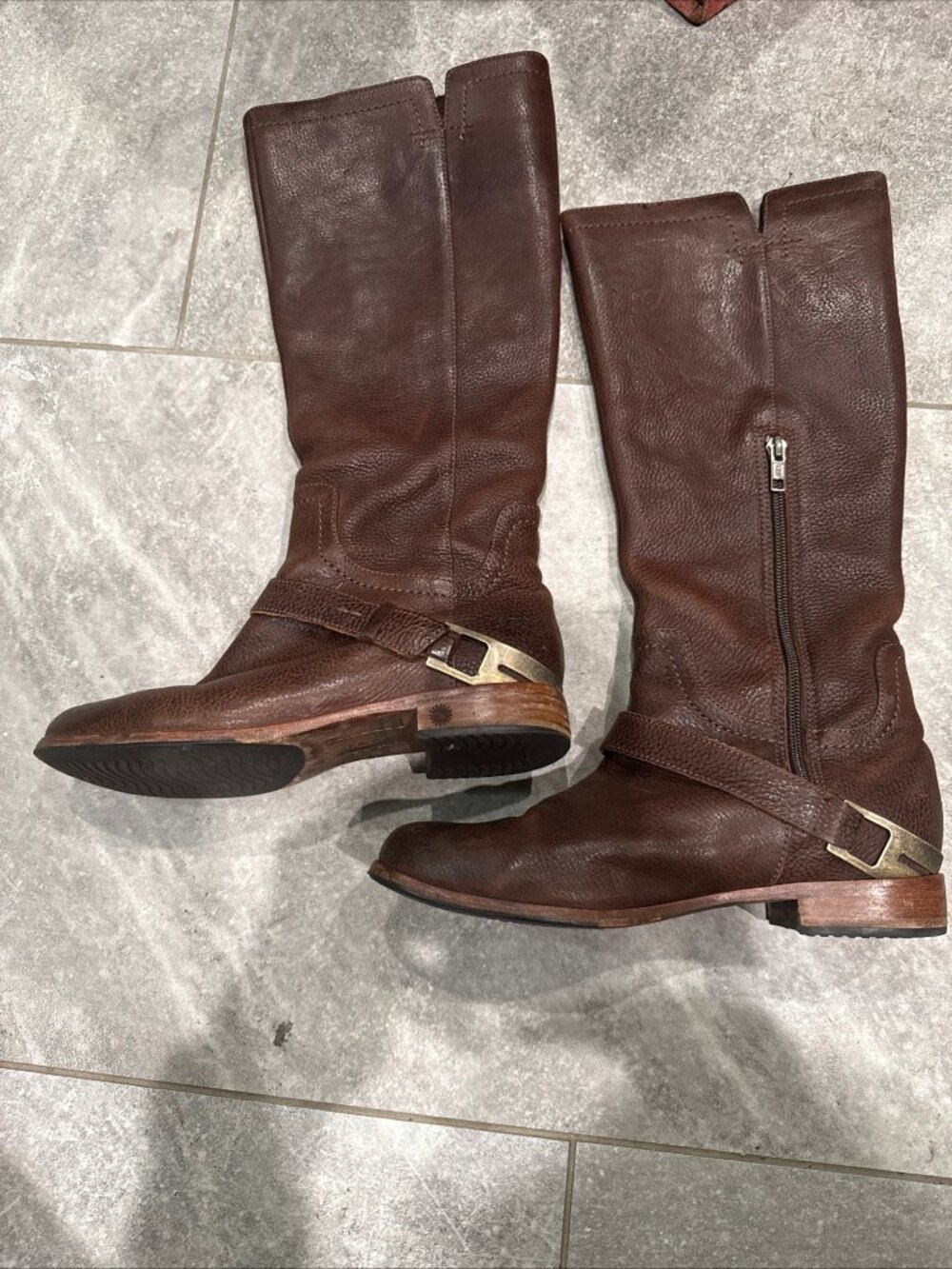 UGG Channing II Size 7 Brown Leather Knee High Harness Riding Boot
